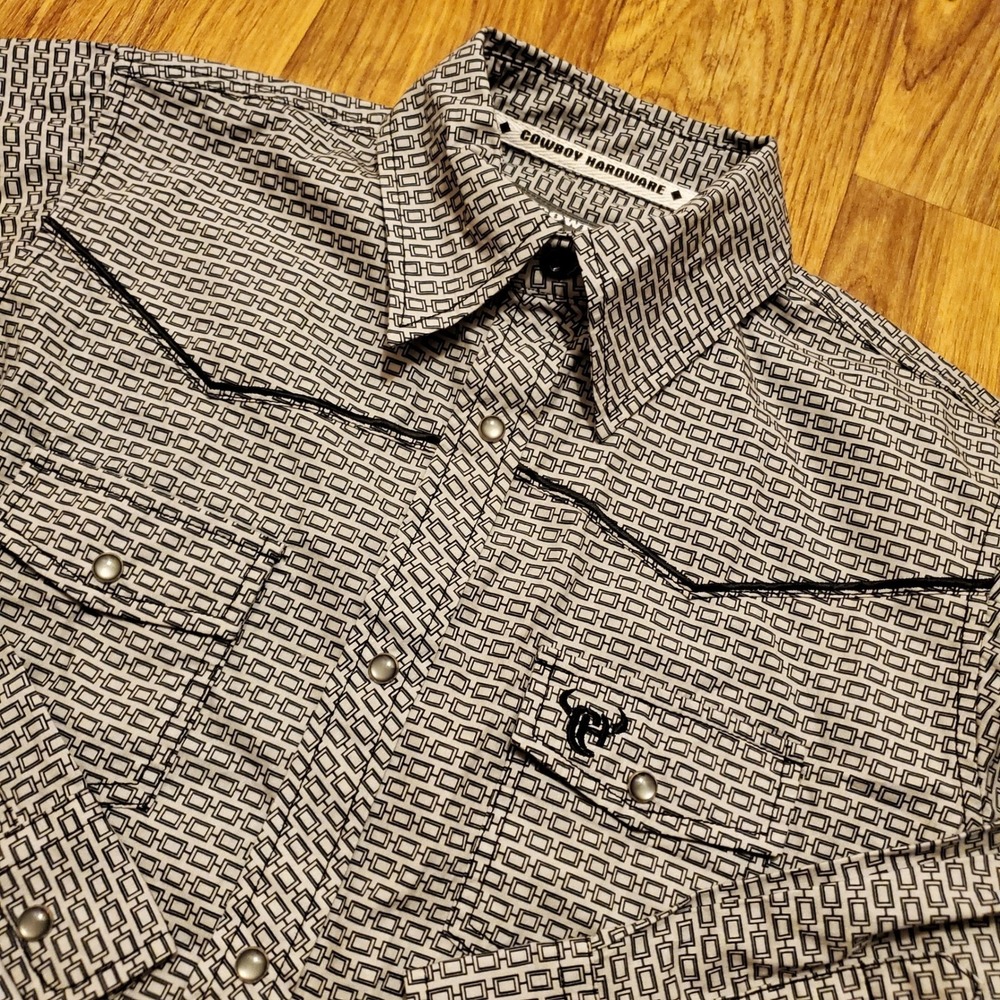 Cowboy Hardware Shirt Boy Medium Black White Geometric Western Snap Rodeo New